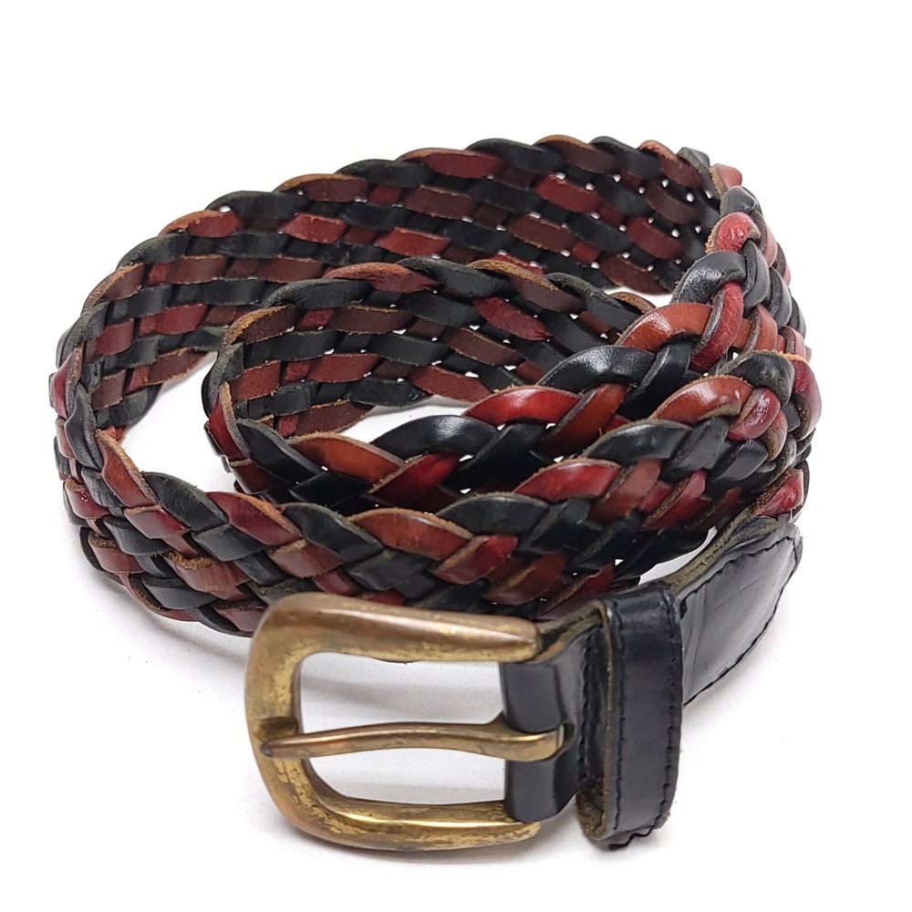 Nordstrom Braided Leather Belt Black Burgundy Brown Woven Brass Buckle Size M 28